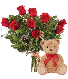 9 Red Roses and Small Teddy Bear